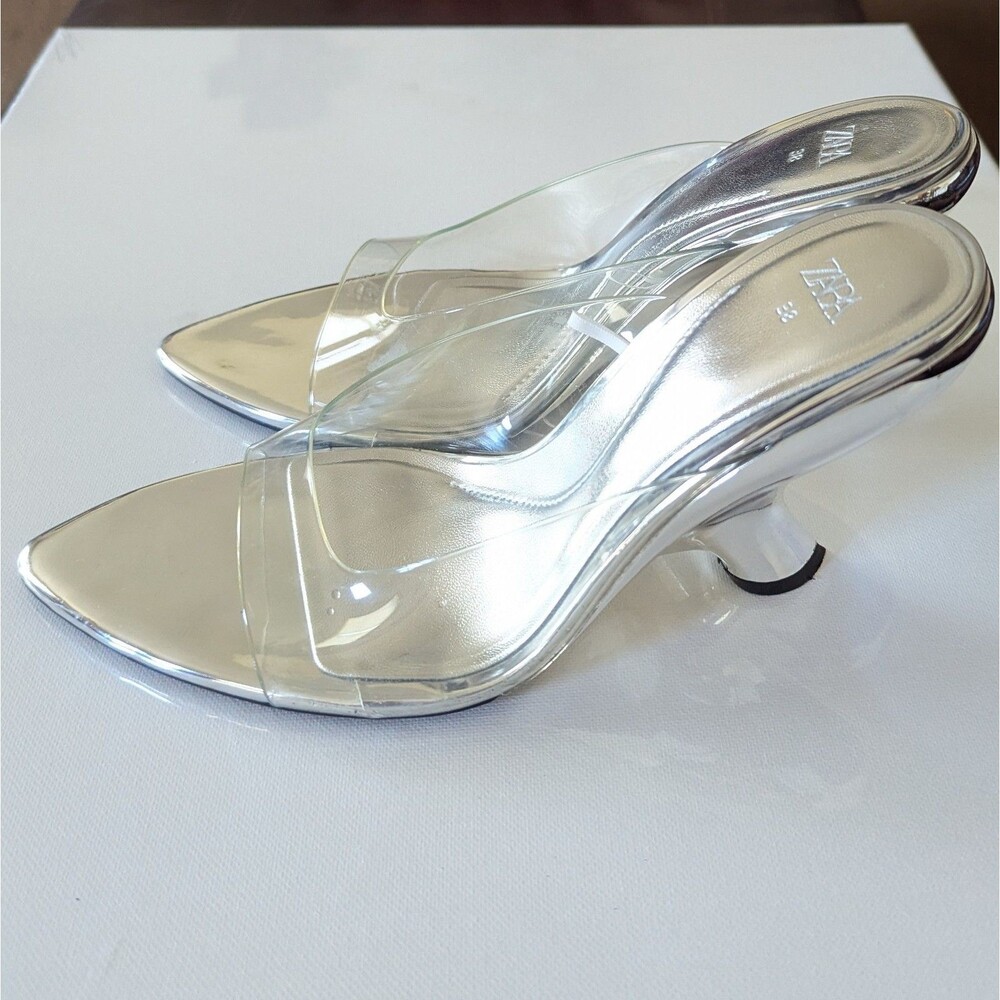ZARA Women's Silver Metallic & Clear 4" HEELS Dress Slip On Shoes SIZE 38 US 7.5